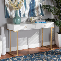 Baxton Studio JY20B168-White/Gold Beagan Modern and Contemporary White Finished Wood and Gold Metal 2-Drawer Console Tablee